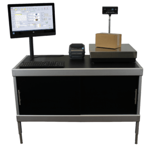 Front view of a mailing furniture setup with OnShip dashboard open on the screen