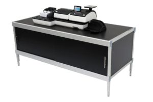 Postbase pro on top of a black wide mail console table